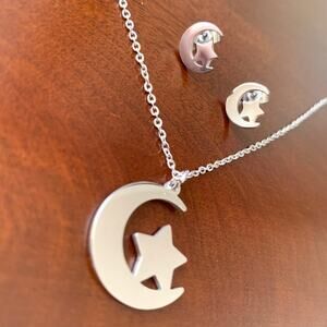 Stainless Steel Crescent Moon Star Pendant Earrings Set Crescent